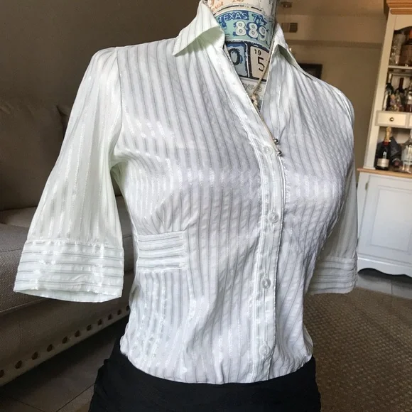White green stripes fitted stretchy shirt sleeve blouse S - Picture 1 of 11